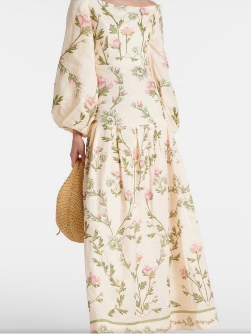 Floral Puff-Sleeve Maxi Dress in Cream and Pink